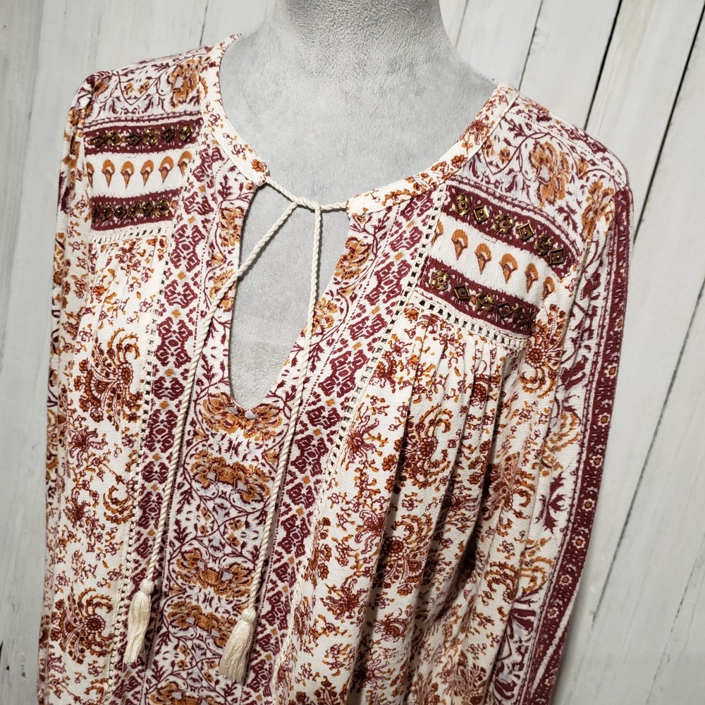 Lucky Brand L Knit Top Cream Burgundy Floral Tassel Sequins Lace Cottage Boho - Picture 3 of 9